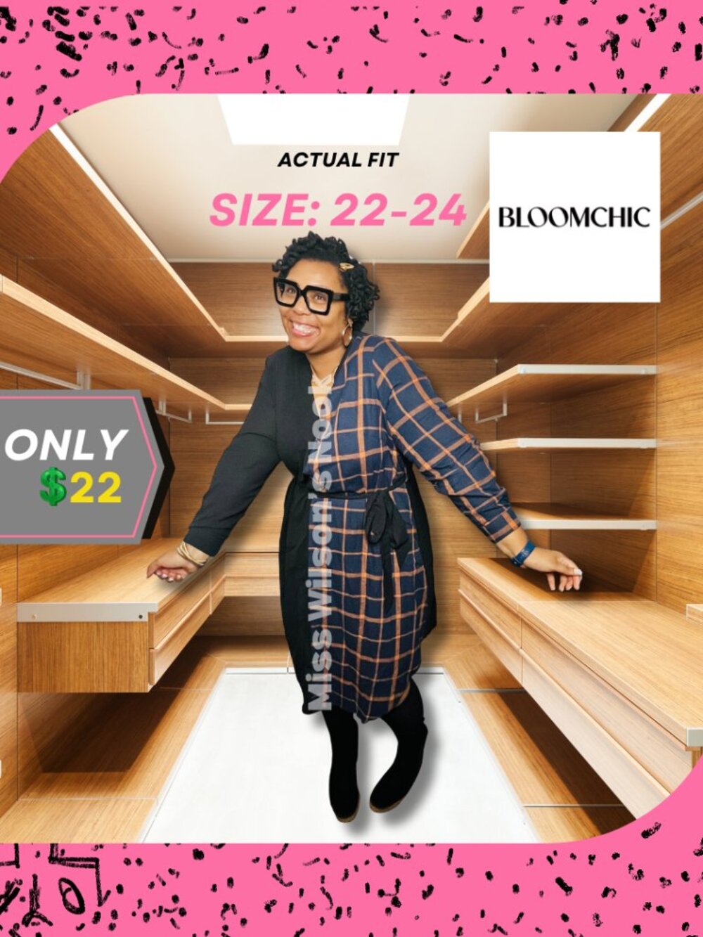 BloomChic Plaid V-Neck Long Sleeve Tie-Waist Midi Dress - Size 22-24